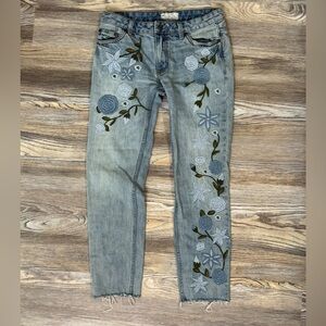 Free People Women’s 27 Floral Embroidered Straight Leg Jeans
